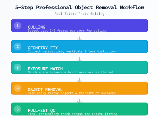 5-Step Professional Object Removal Workflow: 1. Culling, 2. Geometry Fix, 3. Exposure Match, 4. Object Removal, 5. Full-Set QC
