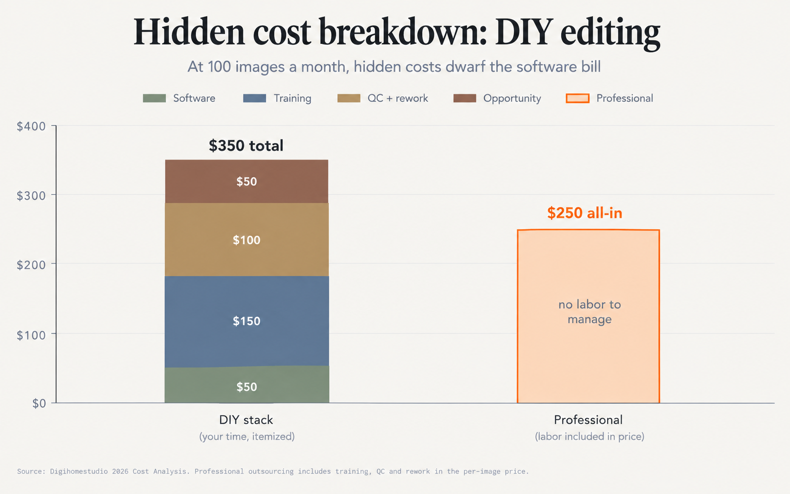 Stacked column chart: DIY hidden costs at 100 images per month total $350 — software $50, training $150, QC and rework $100, opportunity cost $50. Professional outsourcing is a single $250 all-in bar.